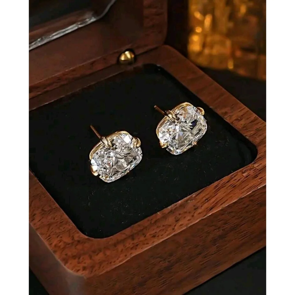 8 ctw Cushion Cut Simulated Diamond Studs Set in Yellow Gold Prongs - Picture 3 of 4